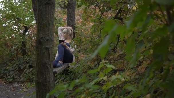 Real Time Jonge Vrouw Met Een Tabletcomputer Mooie Herfst Park — Stockvideo