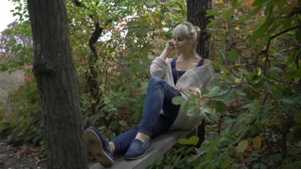 Mujer Joven Con Computadora Tableta Parque Hermoso Del Otoño — Vídeos de Stock