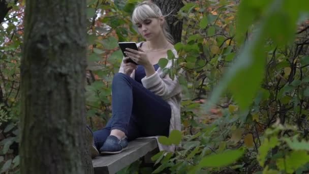Tempo Real Jovem Mulher Com Tablet Computador Belo Outono Parque — Vídeo de Stock