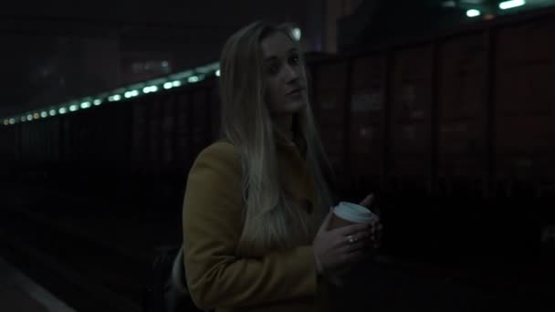 Όμορφη Νεαρή Γυναίκα Πραγματικό Χρόνο Αναζητούν Στέκεται Μόνος Στο Σιδηροδρομικό — Αρχείο Βίντεο