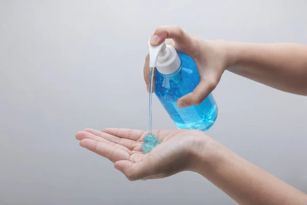 Women Washing Hands Alcohol Gel Pump Bottle Antibacterial Soap Sanitizer — Stock Photo, Image