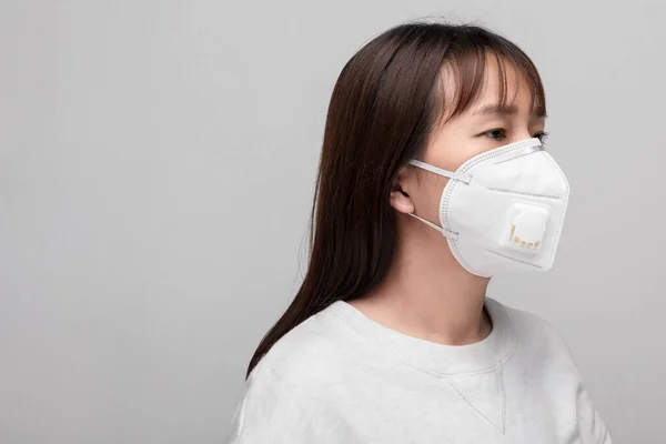 Yüzü maskeli genç kadın Coronavirus & PM 2.5 hava kirliliğini önlemek için beyaz arka planda izole edildi. Virüs koruyucu yüz maskesi, sağlık ve tıp konseptini nasıl giyeceğini gösteren kadın.