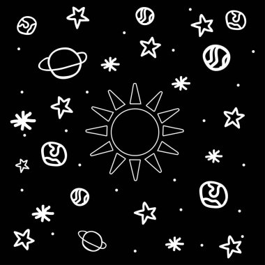 Çizgi film alanı simgeler. Hurda rezervasyon için çocuk öğeleri. Çocukça arka plan, vektör çizim.