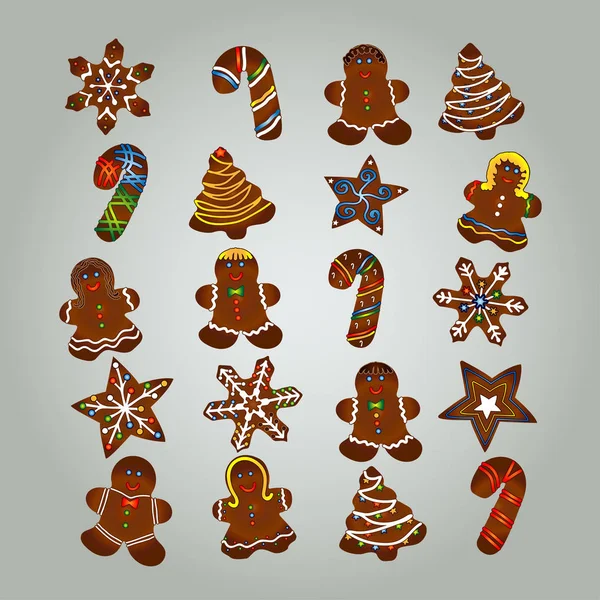 姜饼圣诞多彩设置 Cookie，背景上孤立的矢量图 — 图库矢量图片
