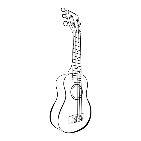 Ukulele gitar, karikatür vektör ve illüstrasyon, siyah ve beyaz arka plan üzerinde elle çizilmiş, kroki tarzı, izole beyaz,. — Stok Vektör