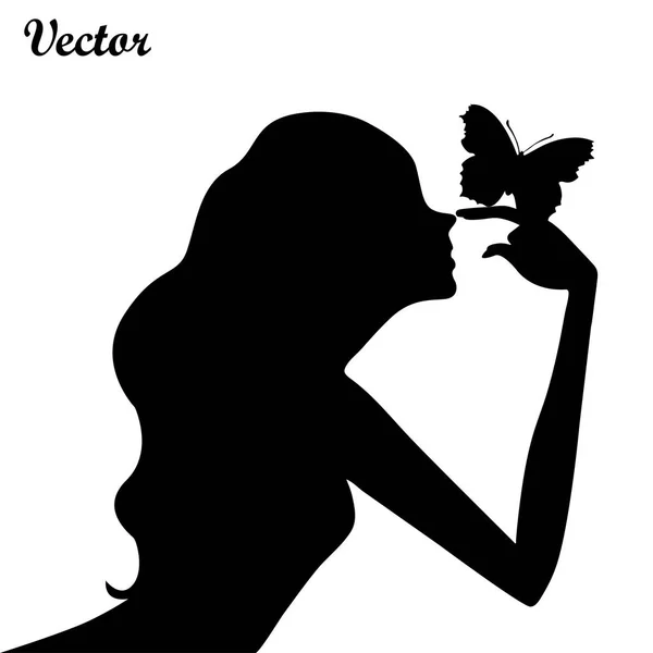 Silueta chica belleza con mariposa sobre fondo blanco, ilustración vectorial Vector de stock