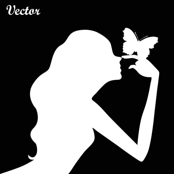 Silueta chica belleza con mariposa sobre fondo negro, ilustración vectorial Vectores de stock libres de derechos