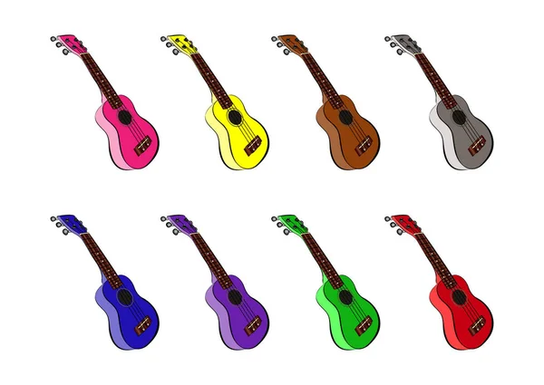 Conjunto colorido de guitarras ukelele, vector de dibujos animados e ilustración, dibujado a mano, estilo de boceto, aislado sobre fondo blanco . — Vector de stock