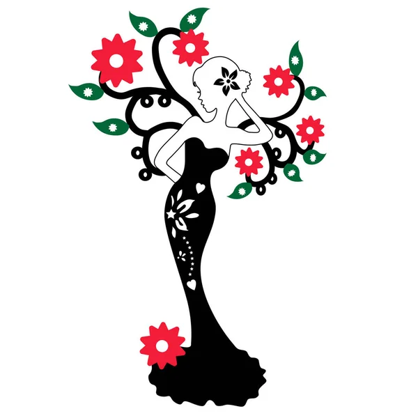 Silueta de la hermosa chica de pie cerca del árbol de flores, ilustración vectorial sobre fondo blanco — Archivo Imágenes Vectoriales