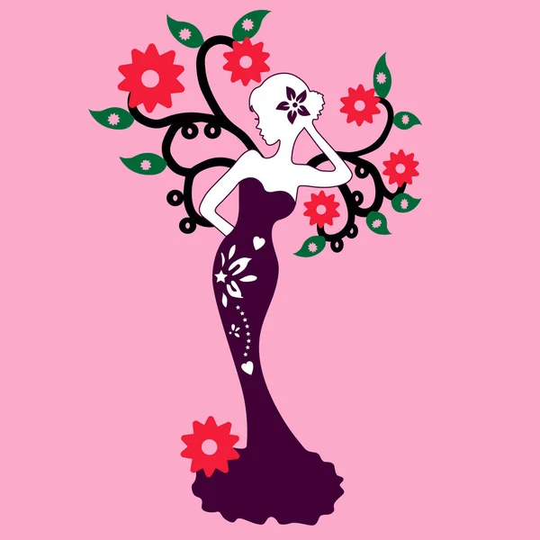 Silhouette de la belle fille debout près de l'arbre à fleurs, illustration vectorielle sur fond rose — Image vectorielle