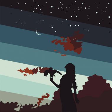 Genç kız siluet ile arka plan günbatımı ve yıldızlı gökyüzü bir kuş. Vektör çizim
