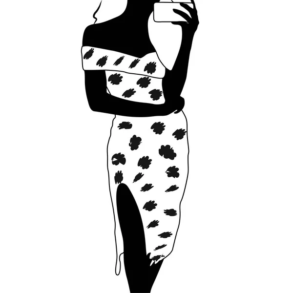 Silueta mujer de negocios en vestido de verano usando celular teléfono inteligente aislado sobre fondo blanco plana Vector Ilustración — Archivo Imágenes Vectoriales