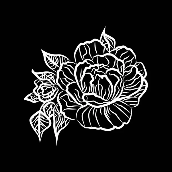 Dibujo en blanco y negro de un tatuaje de rosa. Silueta de rama con flores de rosas y hojas. Rose es un símbolo de pasión . — Vector de stock