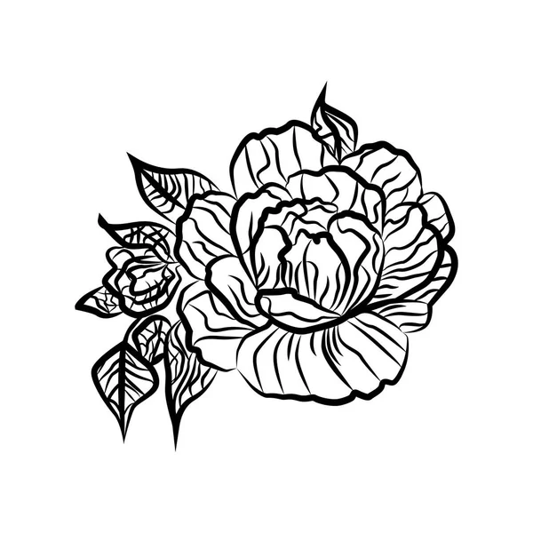 Black and white drawing of a rose tattoo. Silhouette of branch with flowers of roses and leaves. Rose is a symbol of passion. — Stock Vector