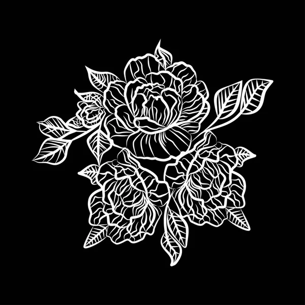 黑色和白色的玫瑰纹身画。树枝的剪影与玫瑰和树叶的花朵。玫瑰是激情的象征. — 图库矢量图片