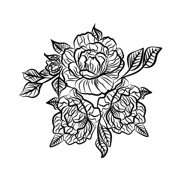 Black and white drawing of a rose tattoo. Silhouette of branch with flowers of roses and leaves. Rose is a symbol of passion. — Stock Vector