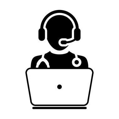 Doktor Icon - düz vektör, hekim Avatar ile Laptop ve kulaklık için Online Danışma piktogram illüstrasyon 