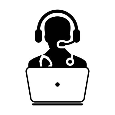 Doktor Icon - düz vektör, hekim Avatar ile Laptop ve kulaklık için Online Danışma piktogram illüstrasyon 