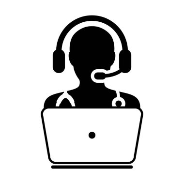 Doktor Icon - düz vektör, hekim Avatar ile Laptop ve kulaklık için Online Danışma piktogram illüstrasyon 