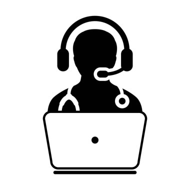 Doktor Icon - düz vektör, hekim Avatar ile Laptop ve kulaklık için Online Danışma piktogram illüstrasyon 