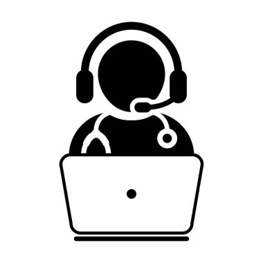 Doktor Icon - düz vektör, hekim Avatar ile Laptop ve kulaklık için Online Danışma piktogram illüstrasyon 