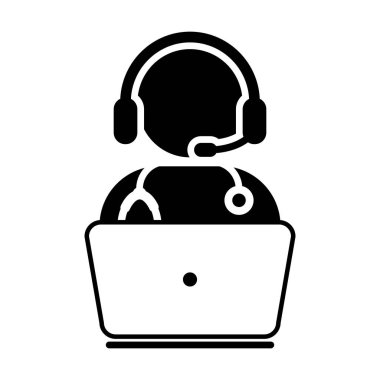 Doktor Icon - düz vektör, hekim Avatar ile Laptop ve kulaklık için Online Danışma piktogram illüstrasyon 