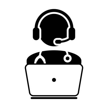 Doktor Icon - düz vektör, hekim Avatar ile Laptop ve kulaklık için Online Danışma piktogram illüstrasyon 