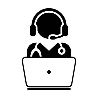 Doktor Icon - düz vektör, hekim Avatar ile Laptop ve kulaklık için Online Danışma piktogram illüstrasyon 
