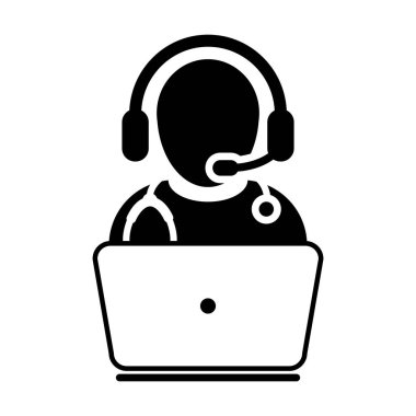 Doktor Icon - düz vektör, hekim Avatar ile Laptop ve kulaklık için Online Danışma piktogram illüstrasyon 