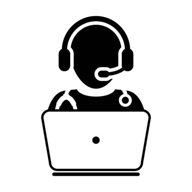 Doktor Icon - düz vektör, hekim Avatar ile Laptop ve kulaklık için Online Danışma piktogram illüstrasyon 