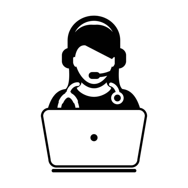 Mujer Doctor Icono - Vector plano, Médico Avatar con ordenador portátil y auriculares para consulta en línea Pictograma ilustración — Vector de stock