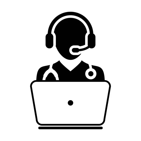 Doctor Icon - Vettore piatto, Avatar medico con computer portatile e cuffie per la consultazione online Illustrazione pittogramma — Vettoriale Stock