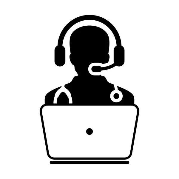 Doctor Icon - Vecteur plat, Avatar médecin avec ordinateur portable et casque pour la consultation en ligne Pictogramme illustration — Image vectorielle