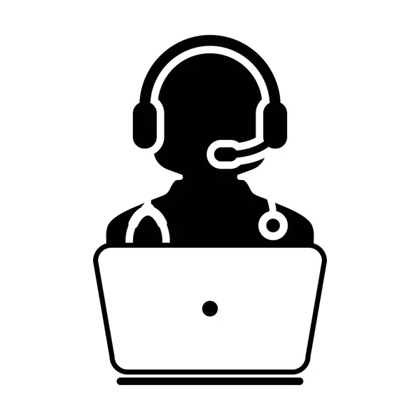 Kadın doktor Icon - düz vektör, hekim Avatar ile Laptop ve kulaklık için Online Danışma piktogram illüstrasyon 