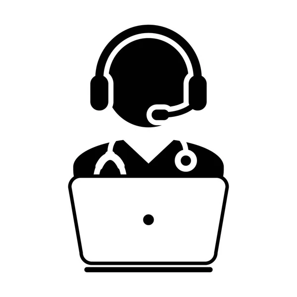 Doctor Icon - Vettore piatto, Avatar medico con computer portatile e cuffie per la consultazione online Illustrazione pittogramma — Vettoriale Stock