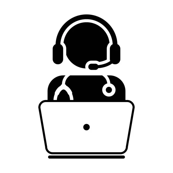Ícone médico - Vetor plano, Médico Avatar com laptop e fone de ouvido para consulta on-line ilustração Pictograma — Vetor de Stock