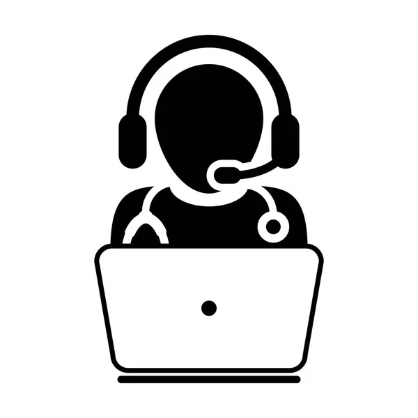 Doctor Icon - Vecteur plat, Avatar médecin avec ordinateur portable et casque pour la consultation en ligne Pictogramme illustration — Image vectorielle