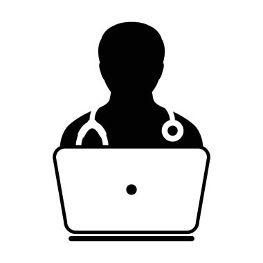 Dizüstü bilgisayar ile doktor simge vektör Online Konsültasyon