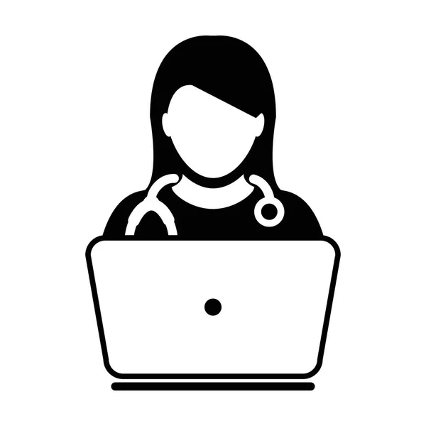 Consulta em linha do vetor do ícone do doutor da mulher com computador portátil —  Vetores de Stock