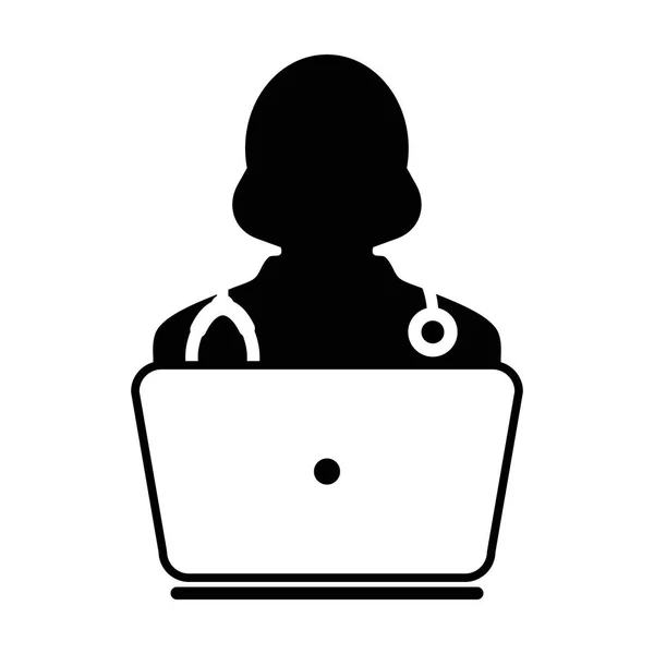 Frau Arzt Symbol Vektor Online-Konsultation mit Laptop-Computer — Stockvektor