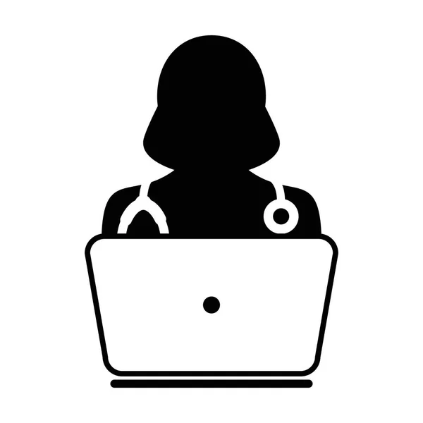 Consulta em linha do vetor do ícone do doutor da mulher com computador portátil — Vetor de Stock