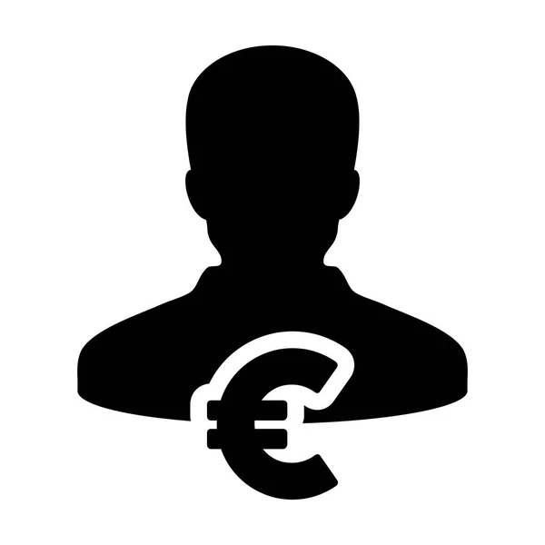 Euro Zeichen Symbol Vektor Symbol Währung mit männlicher Person Avatar in Glyphen Piktogramm Illustration — Stockvektor