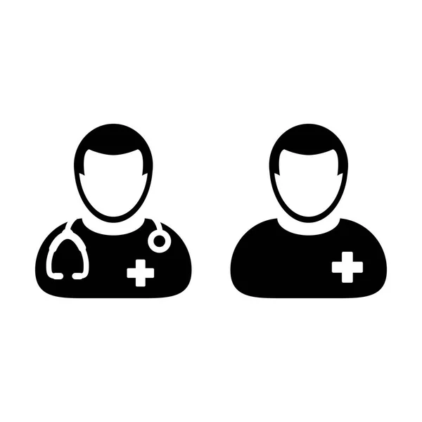 Dokter pictogram patiënt medische raadpleging en assistent mannelijke Avatar in symbool Glyph Pictogram afbeelding — Stockvector