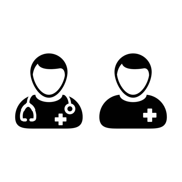 Dokter pictogram patiënt medische raadpleging en assistent mannelijke Avatar in symbool Glyph Pictogram afbeelding — Stockvector