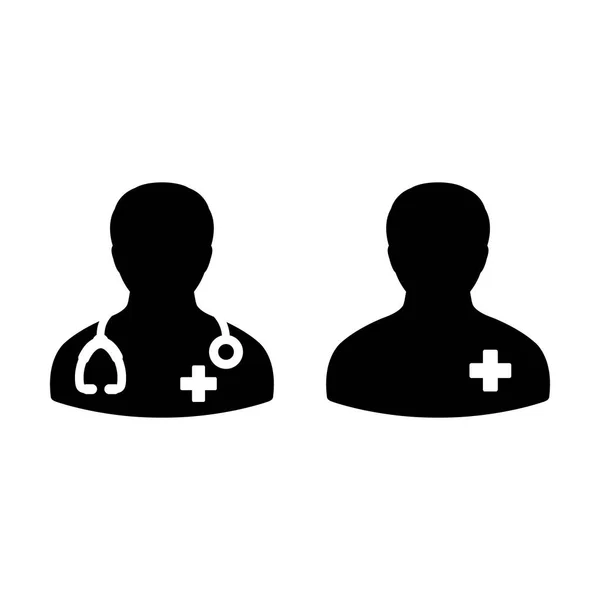 Dokter pictogram patiënt medische raadpleging en assistent mannelijke Avatar in symbool Glyph Pictogram afbeelding — Stockvector