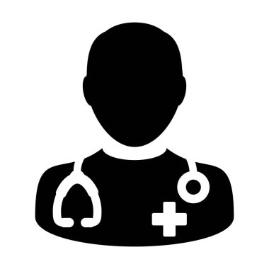 Doktor simge vektör Tıbbi Danışma erkek doktor kişi Avatar ile stetoskop ve haç sembolü glif piktogram illüstrasyon