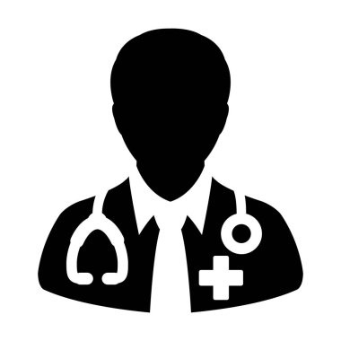 Doktor simge vektör Tıbbi Danışma erkek doktor kişi Avatar ile stetoskop ve haç sembolü glif piktogram illüstrasyon