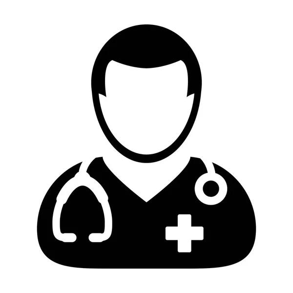 Ilustracja lekarz ikona wektor medycznej konsultacji mężczyzna lekarz osoba Avatar z stetoskop i krzyż Symbol glifów piktogram — Wektor stockowy