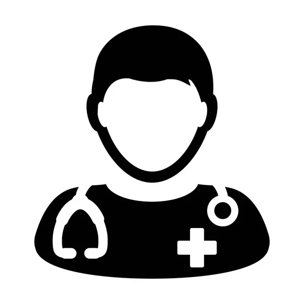 Médico Icono Vector Consulta Médica Hombre Médico Persona Avatar Con Estetoscopio y Cruz Símbolo Glifo Pictograma ilustración — Archivo Imágenes Vectoriales