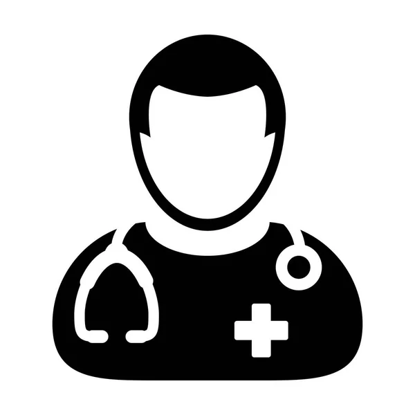 Doctor Icon Vector Medical Consultation Male Physician Avatar With Stethoscope and Cross Symbol Ilustrasi Glyph Pictogram - Stok Vektor